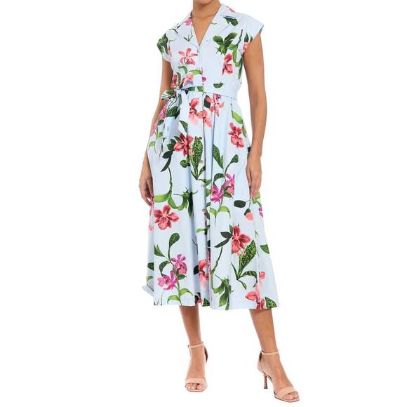 LONDON TIMES Dresses & Skirts - NEW LONDON TIMES rosemary cotton belted shirt dress in sky blue / sunkist coral